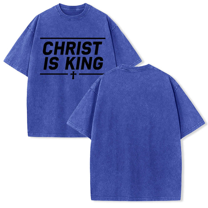 Christianartworkshop Doppelt horizontale Linien umrahmt, mit zentriertem Kreuz und Christus-ist-König-Motiv, auf der Vorderseite bedruckt, gewaschenes T-Shirt - image 9
