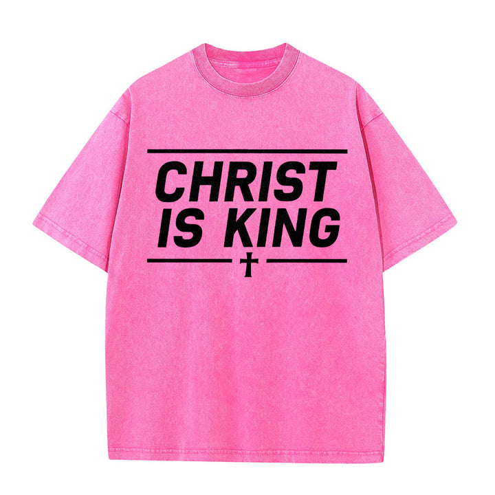 Christianartworkshop Doppelt horizontale Linien umrahmt, mit zentriertem Kreuz und Christus-ist-König-Motiv, auf der Vorderseite bedruckt, gewaschenes T-Shirt - Rosa - 5XL - image 14