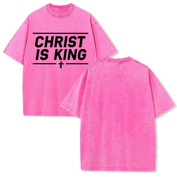Christianartworkshop Doppelt horizontale Linien umrahmt, mit zentriertem Kreuz und Christus-ist-König-Motiv, auf der Vorderseite bedruckt, gewaschenes T-Shirt - image 15