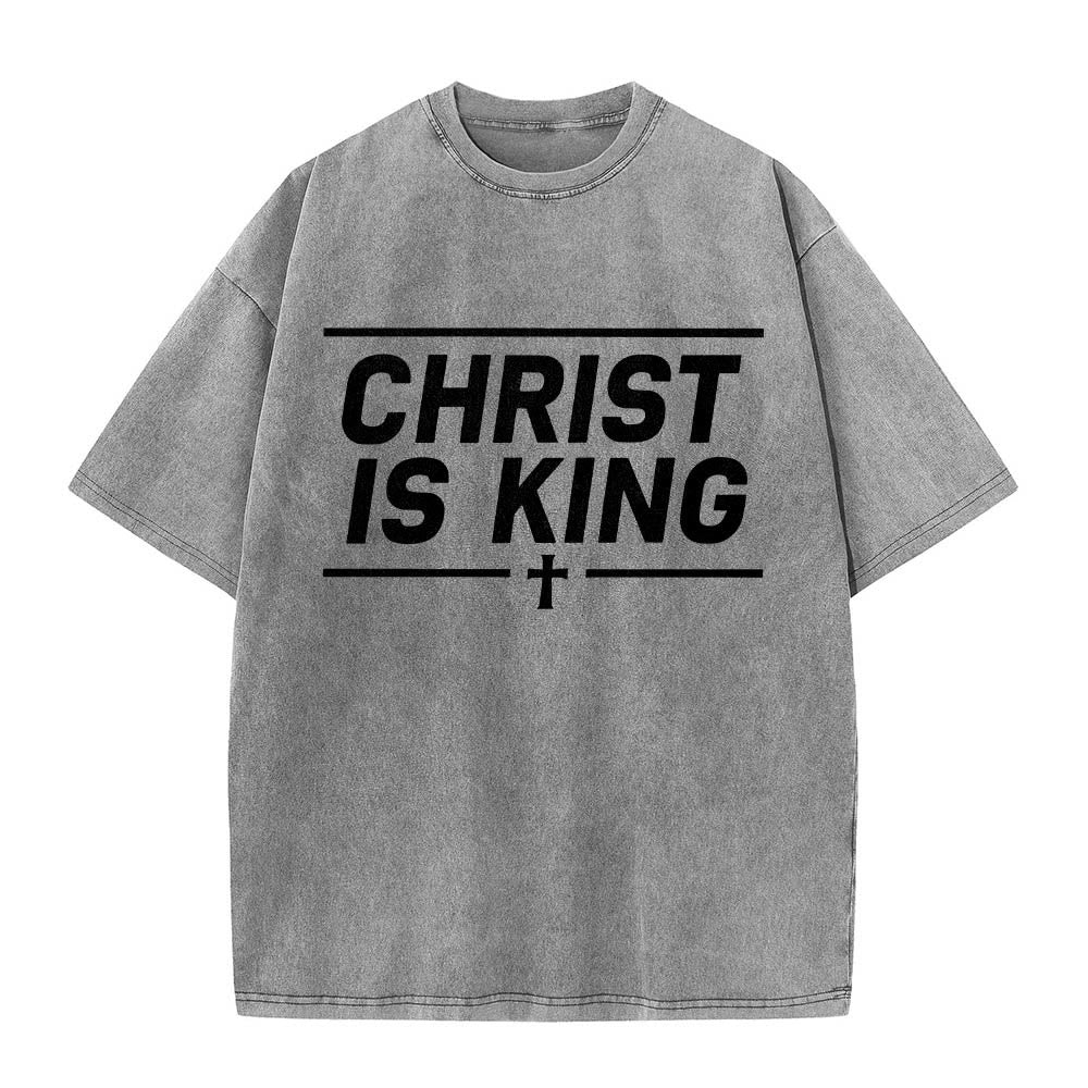 Christianartworkshop Doppelt horizontale Linien umrahmt, mit zentriertem Kreuz und Christus-ist-König-Motiv, auf der Vorderseite bedruckt, gewaschenes T-Shirt - Grau - 5XL - image 6