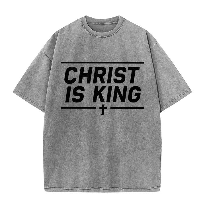 Christianartworkshop Doppelt horizontale Linien umrahmt, mit zentriertem Kreuz und Christus-ist-König-Motiv, auf der Vorderseite bedruckt, gewaschenes T-Shirt - Grau - 5XL - image 6