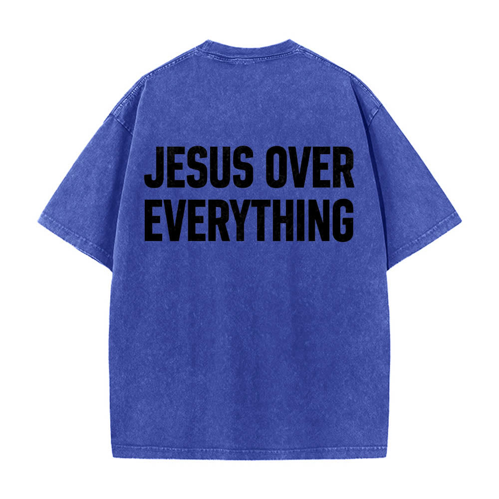 Christianartworkshop Zweizeiliger, fetter Jesus-Aufdruck in Blockbuchstaben auf der Rückseite, gewaschenes T-Shirt - Blau - 5XL - image 8
