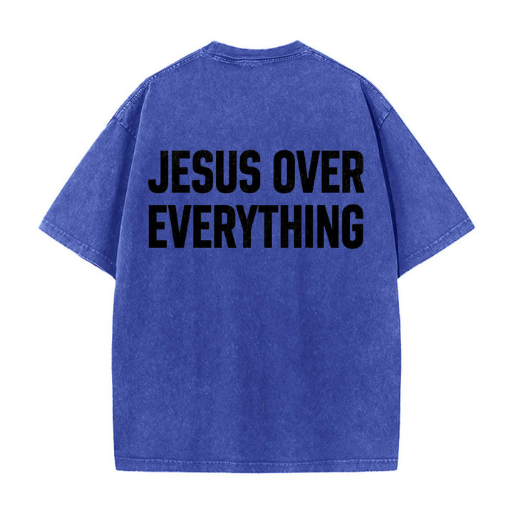 Christianartworkshop Zweizeiliger, fetter Jesus-Aufdruck in Blockbuchstaben auf der Rückseite, gewaschenes T-Shirt - Blau - 5XL - image 8