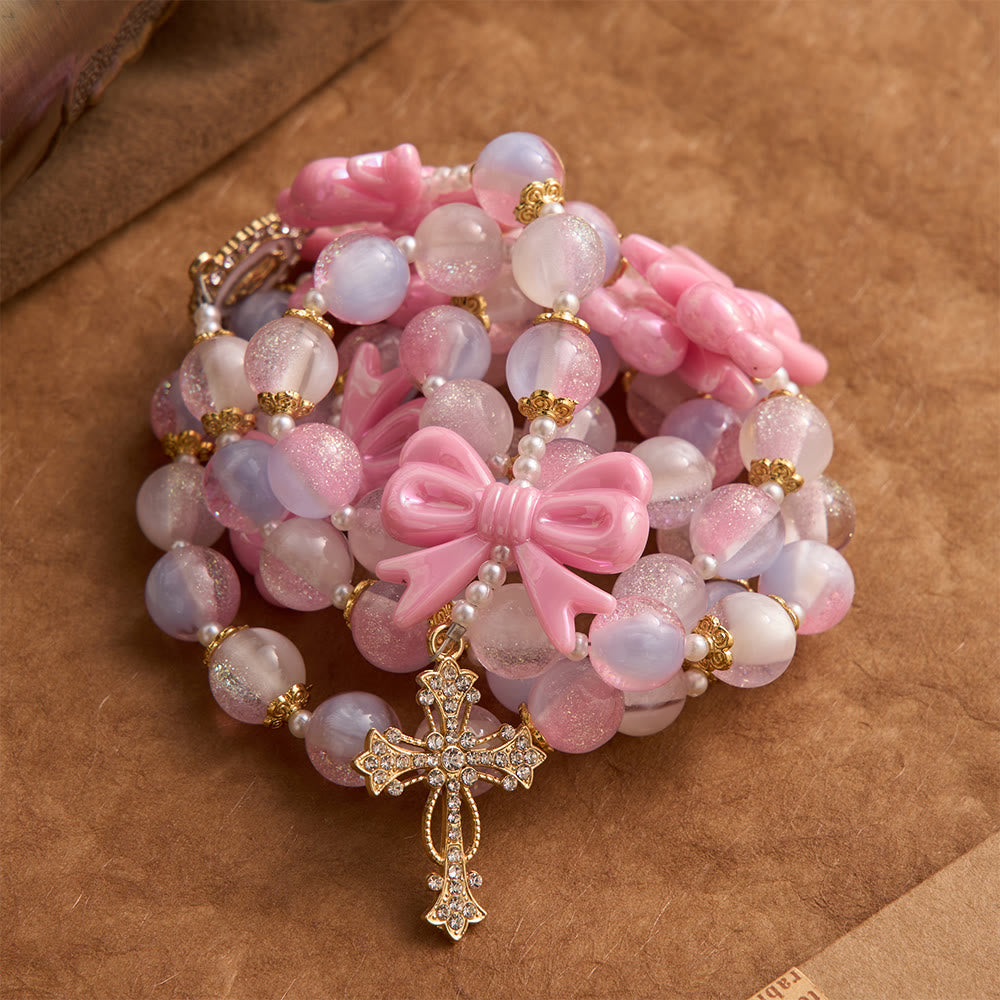 Christianartworkshop Rosenkranz mit pastellfarbenem Glitzerperlenbogen und Juwelenkreuz: Symbol himmlischer Gnade - image 4