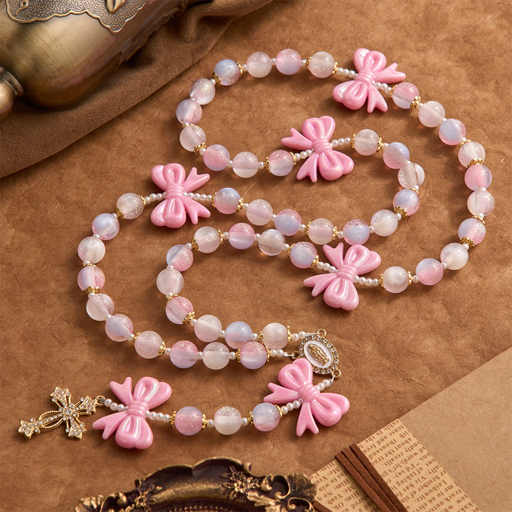 Christianartworkshop Rosenkranz mit pastellfarbenem Glitzerperlenbogen und Juwelenkreuz: Symbol himmlischer Gnade - Rosenkranz mit verträumten Schleifen - image 0
