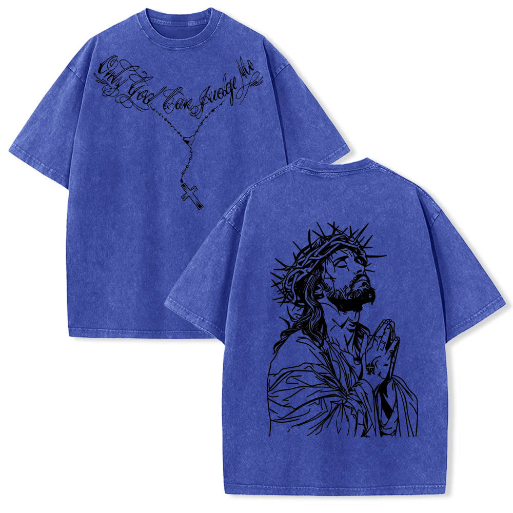 Christianartworkshop Vorderseite: Schriftzug in Schreibschrift, Rückseite: Dornenkrone, betender Jesus, vorgewaschenes T-Shirt - Blau - 5XL - image 12