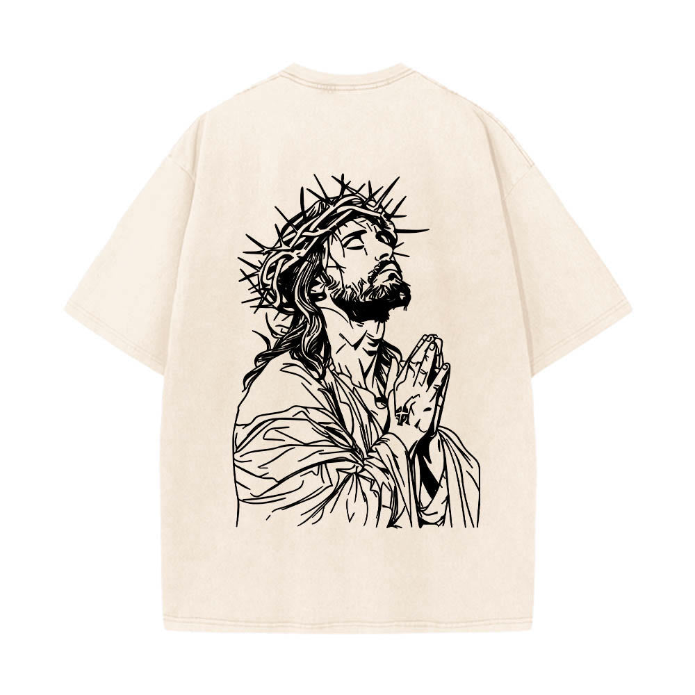 Christianartworkshop Vorderseite: Schriftzug in Schreibschrift, Rückseite: Dornenkrone, betender Jesus, vorgewaschenes T-Shirt - image 5