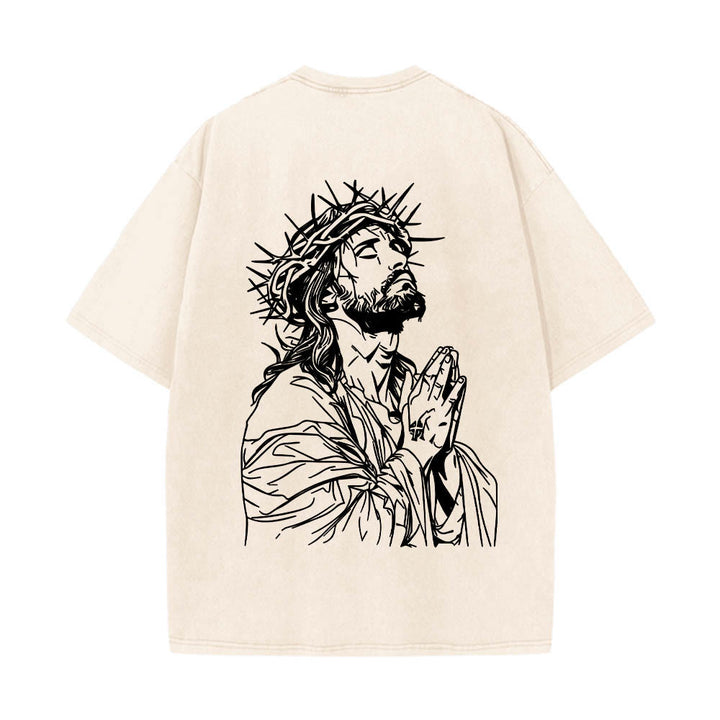 Christianartworkshop Vorderseite: Schriftzug in Schreibschrift, Rückseite: Dornenkrone, betender Jesus, vorgewaschenes T-Shirt - image 5