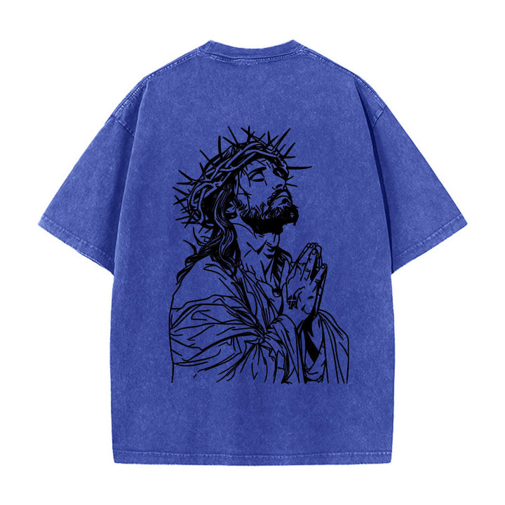 Christianartworkshop Vorderseite: Schriftzug in Schreibschrift, Rückseite: Dornenkrone, betender Jesus, vorgewaschenes T-Shirt - image 14