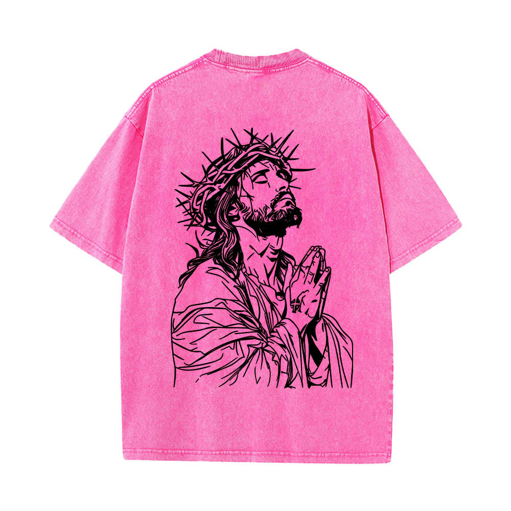Christianartworkshop Vorderseite: Schriftzug in Schreibschrift, Rückseite: Dornenkrone, betender Jesus, vorgewaschenes T-Shirt - image 23