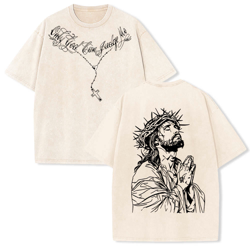Christianartworkshop Vorderseite: Schriftzug in Schreibschrift, Rückseite: Dornenkrone, betender Jesus, vorgewaschenes T-Shirt - Beige - 5XL - image 3