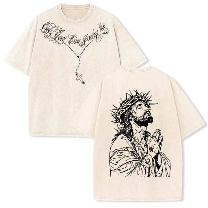 Christianartworkshop Vorderseite: Schriftzug in Schreibschrift, Rückseite: Dornenkrone, betender Jesus, vorgewaschenes T-Shirt - Beige - 5XL - image 3