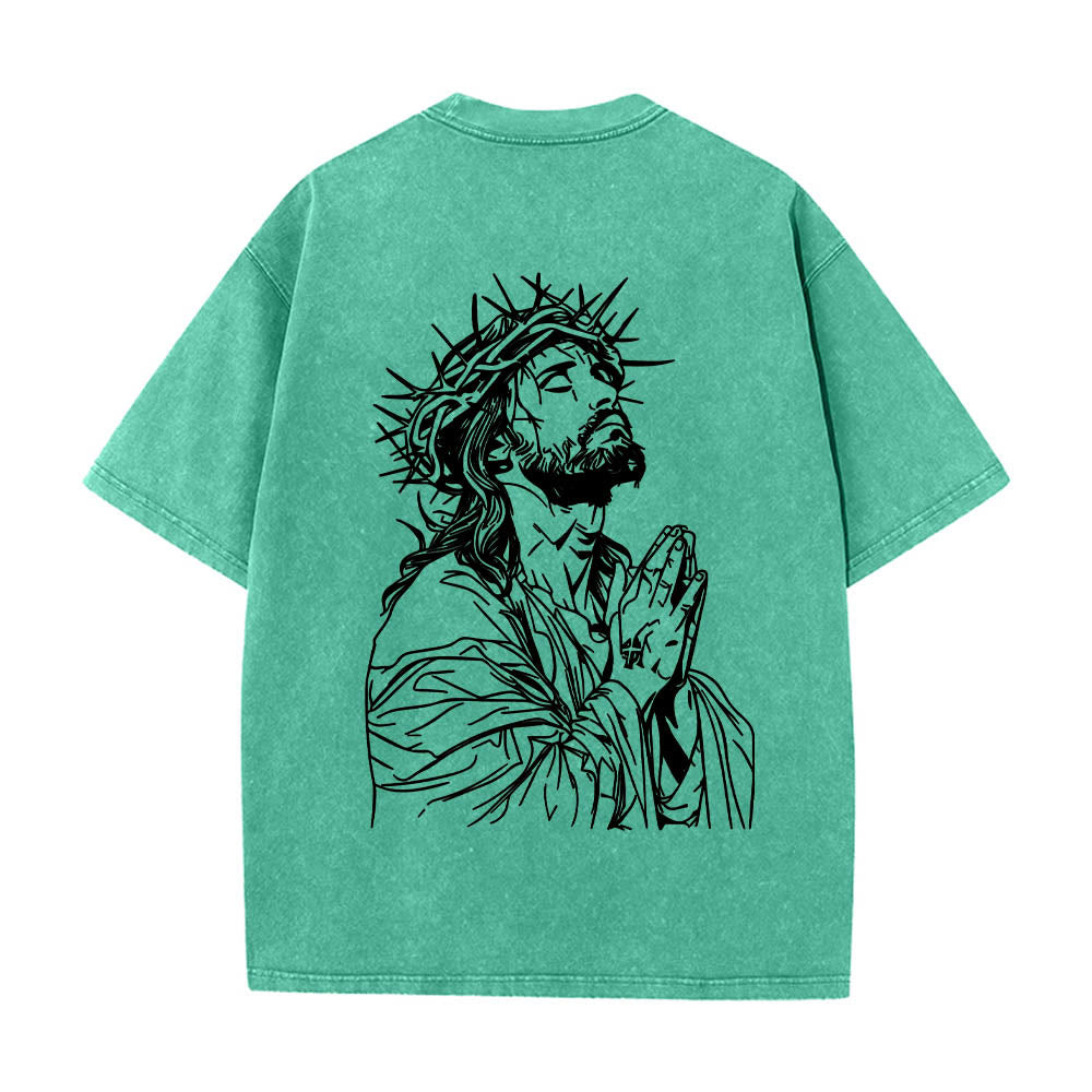 Christianartworkshop Vorderseite: Schriftzug in Schreibschrift, Rückseite: Dornenkrone, betender Jesus, vorgewaschenes T-Shirt - image 17