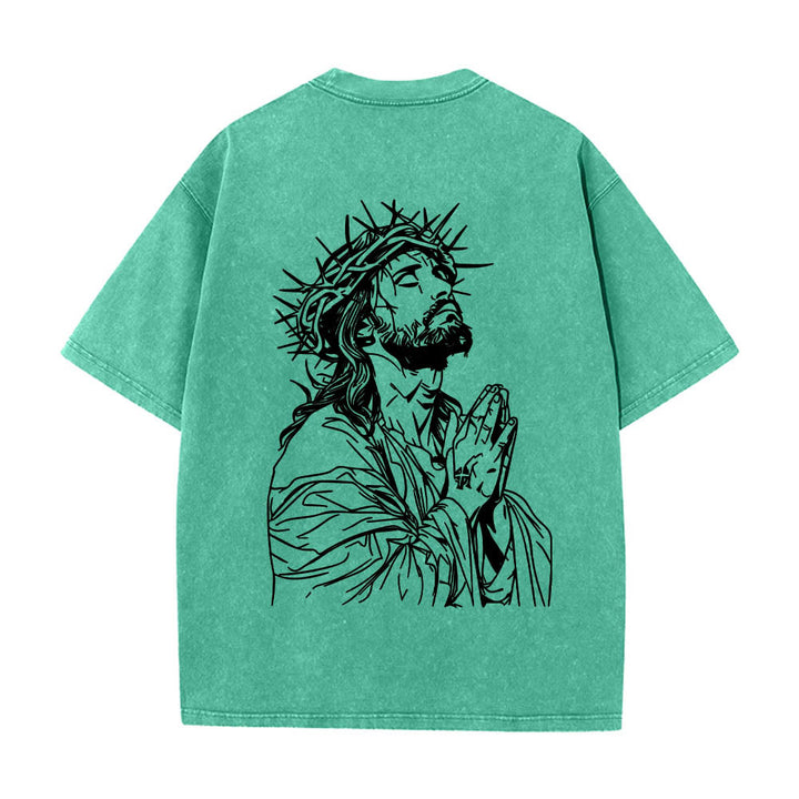 Christianartworkshop Vorderseite: Schriftzug in Schreibschrift, Rückseite: Dornenkrone, betender Jesus, vorgewaschenes T-Shirt - image 17