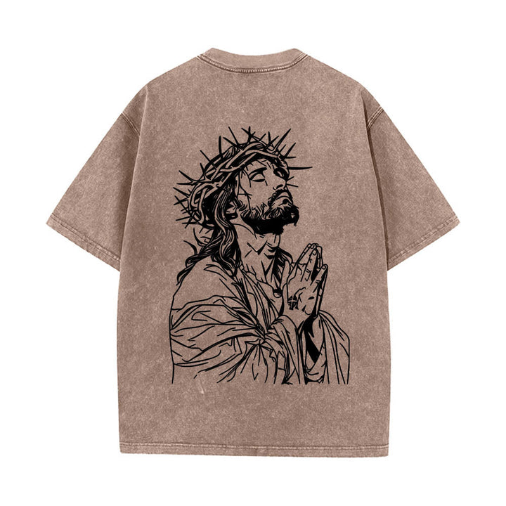 Christianartworkshop Vorderseite: Schriftzug in Schreibschrift, Rückseite: Dornenkrone, betender Jesus, vorgewaschenes T-Shirt - image 8