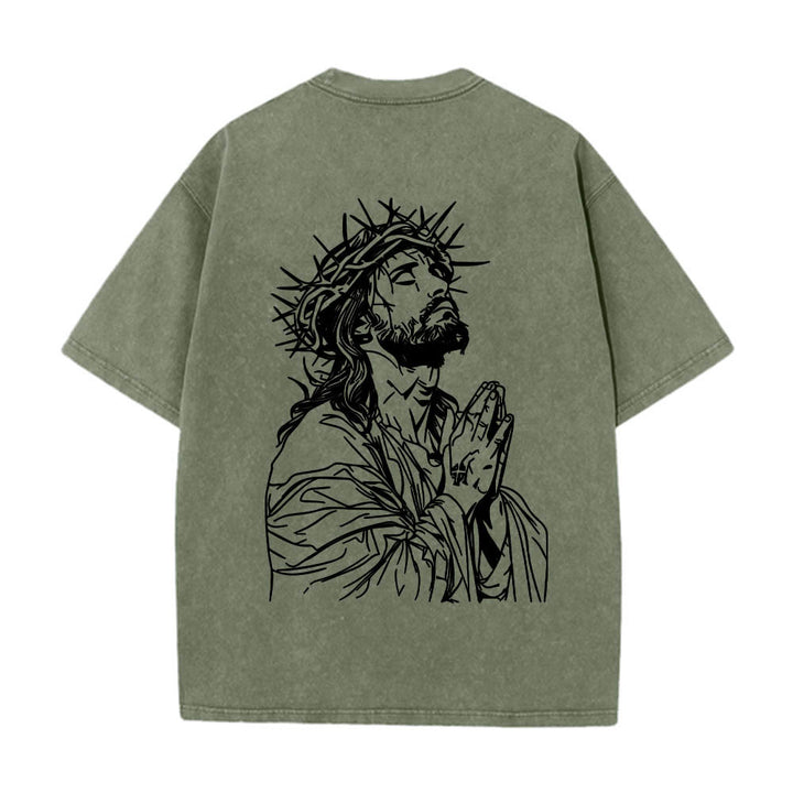 Christianartworkshop Vorderseite: Schriftzug in Schreibschrift, Rückseite: Dornenkrone, betender Jesus, vorgewaschenes T-Shirt - image 26