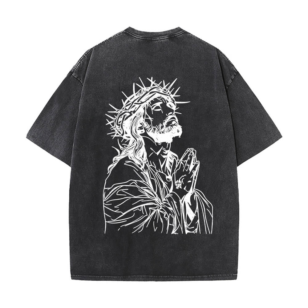 Christianartworkshop Vorderseite: Schriftzug in Schreibschrift, Rückseite: Dornenkrone, betender Jesus, vorgewaschenes T-Shirt - image 2