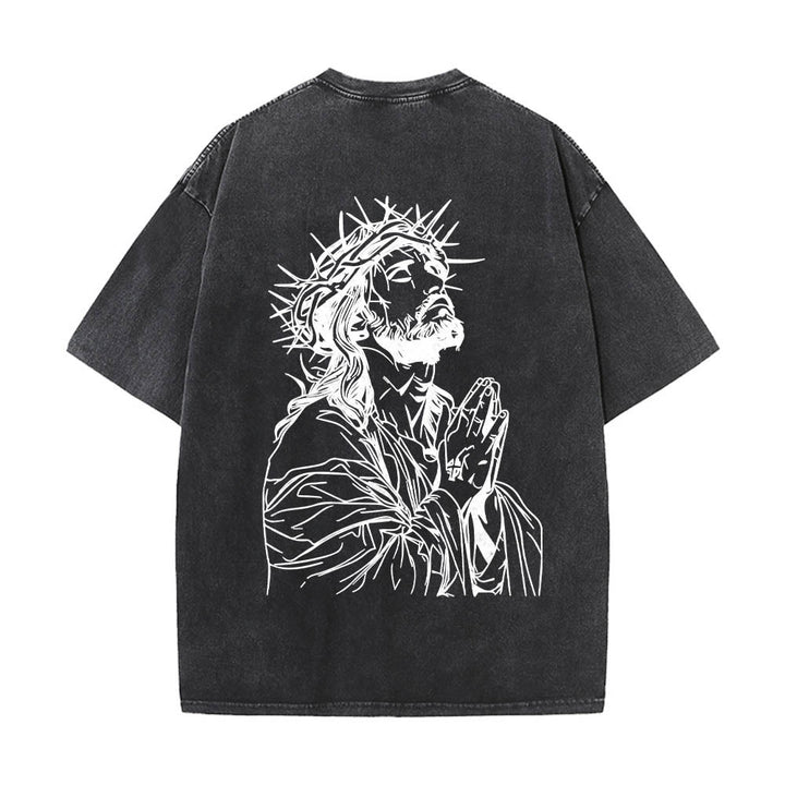 Christianartworkshop Vorderseite: Schriftzug in Schreibschrift, Rückseite: Dornenkrone, betender Jesus, vorgewaschenes T-Shirt - image 2