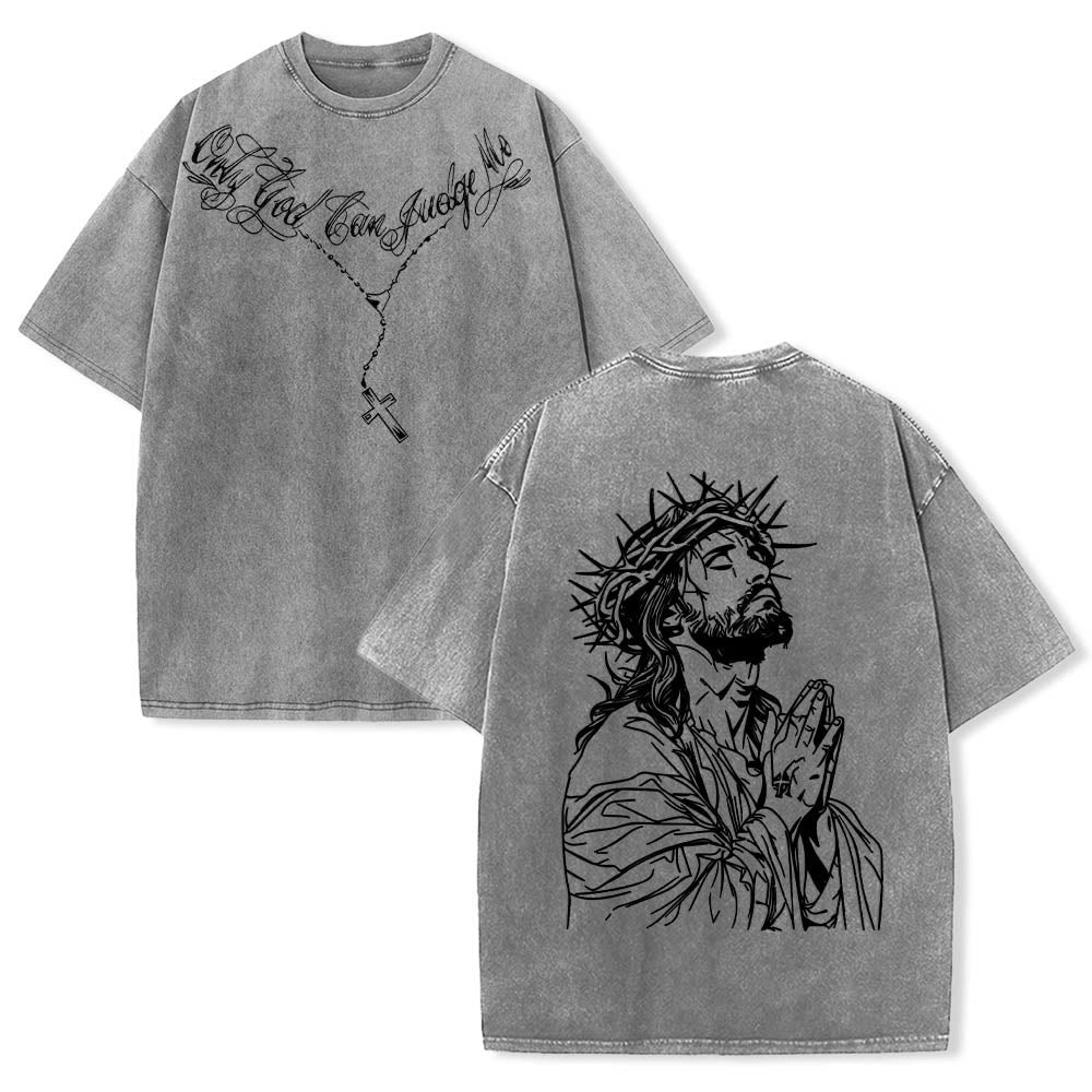 Christianartworkshop Vorderseite: Schriftzug in Schreibschrift, Rückseite: Dornenkrone, betender Jesus, vorgewaschenes T-Shirt - Grau - 5XL - image 9