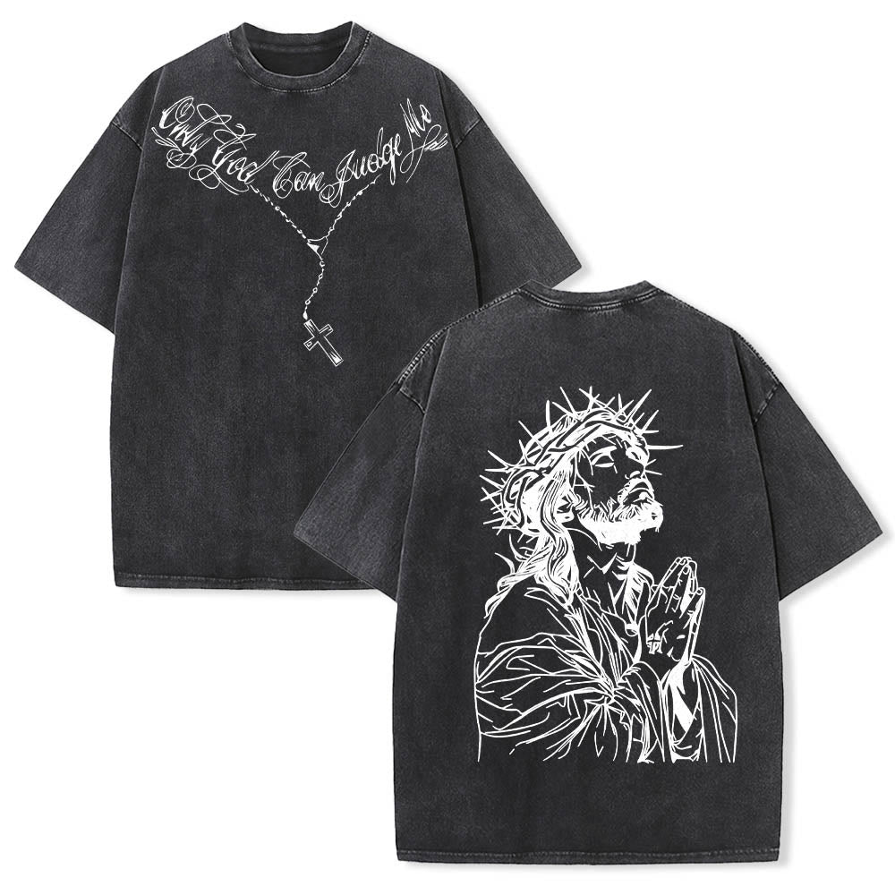 Christianartworkshop Vorderseite: Schriftzug in Schreibschrift, Rückseite: Dornenkrone, betender Jesus, vorgewaschenes T-Shirt - Schwarz - 5XL - image 0