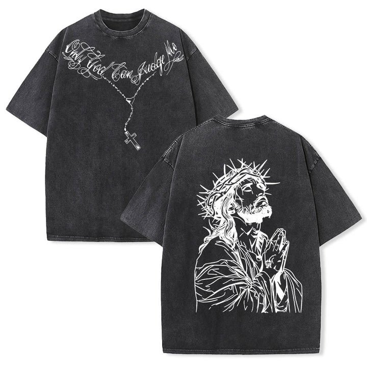 Christianartworkshop Vorderseite: Schriftzug in Schreibschrift, Rückseite: Dornenkrone, betender Jesus, vorgewaschenes T-Shirt - Schwarz - 5XL - image 0