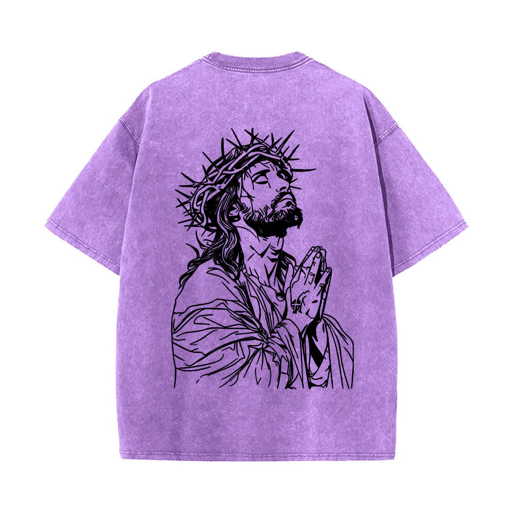 Christianartworkshop Vorderseite: Schriftzug in Schreibschrift, Rückseite: Dornenkrone, betender Jesus, vorgewaschenes T-Shirt - image 20