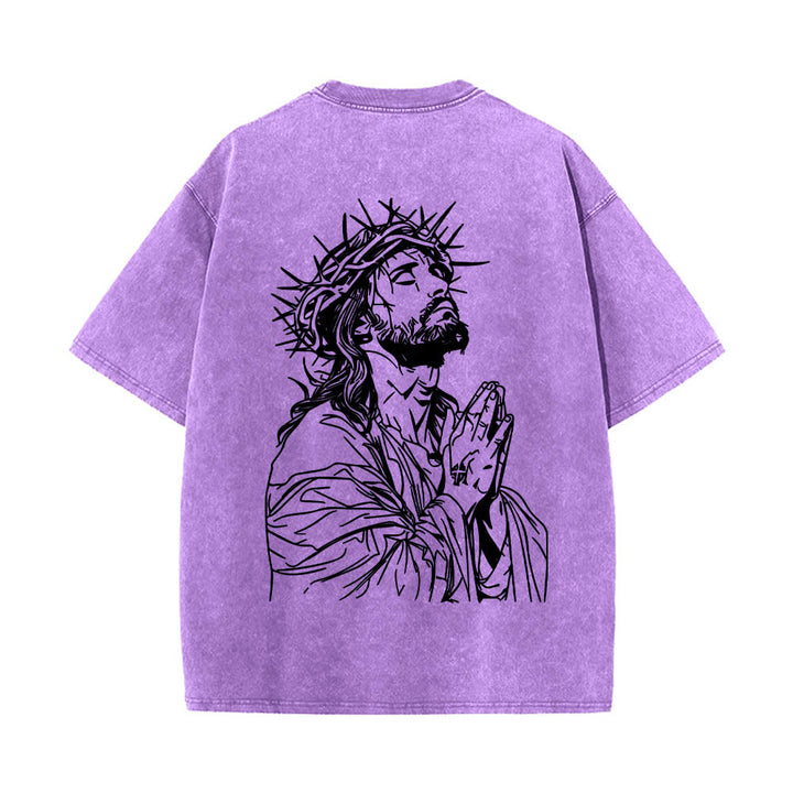Christianartworkshop Vorderseite: Schriftzug in Schreibschrift, Rückseite: Dornenkrone, betender Jesus, vorgewaschenes T-Shirt - image 20