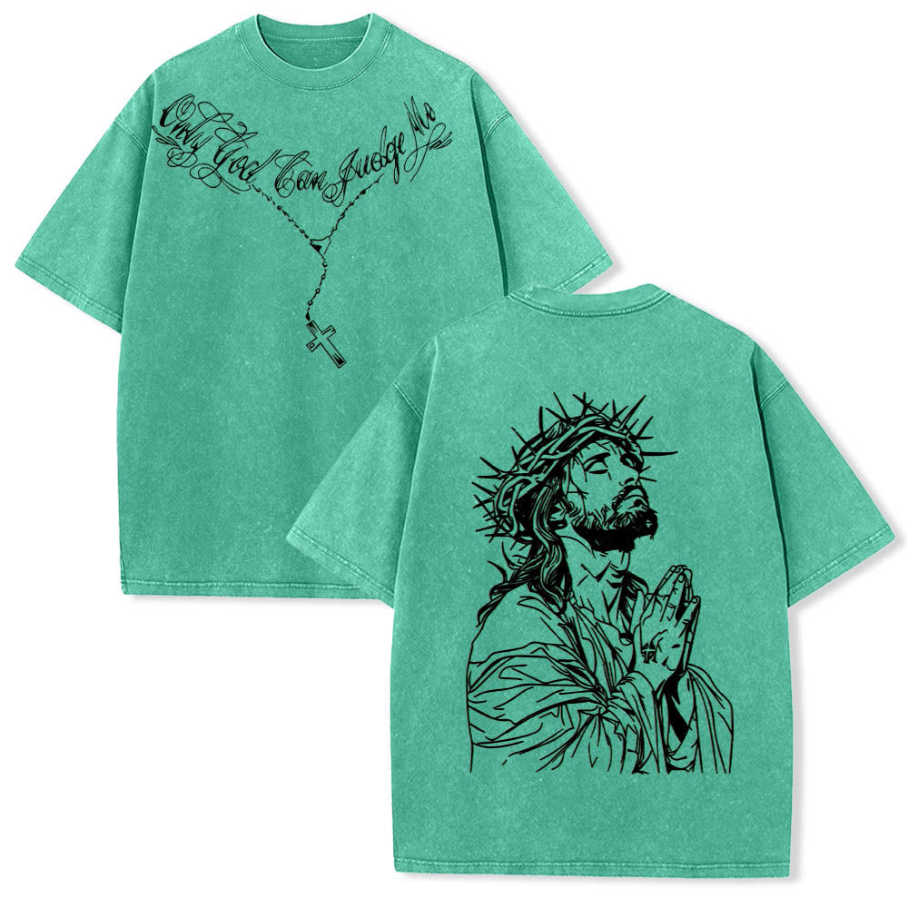 Christianartworkshop Vorderseite: Schriftzug in Schreibschrift, Rückseite: Dornenkrone, betender Jesus, vorgewaschenes T-Shirt - Grün - 5XL - image 15
