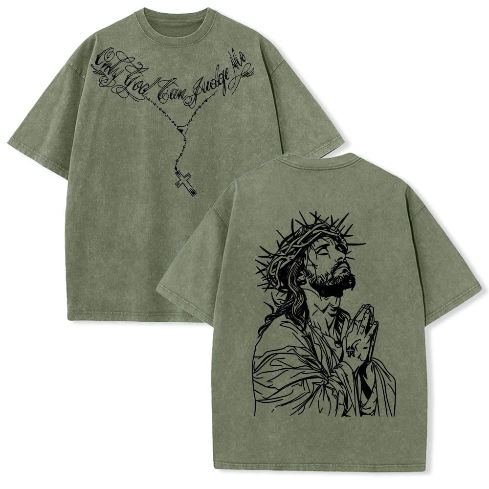 Christianartworkshop Vorderseite: Schriftzug in Schreibschrift, Rückseite: Dornenkrone, betender Jesus, vorgewaschenes T-Shirt - Armeegrün - 5XL - image 24