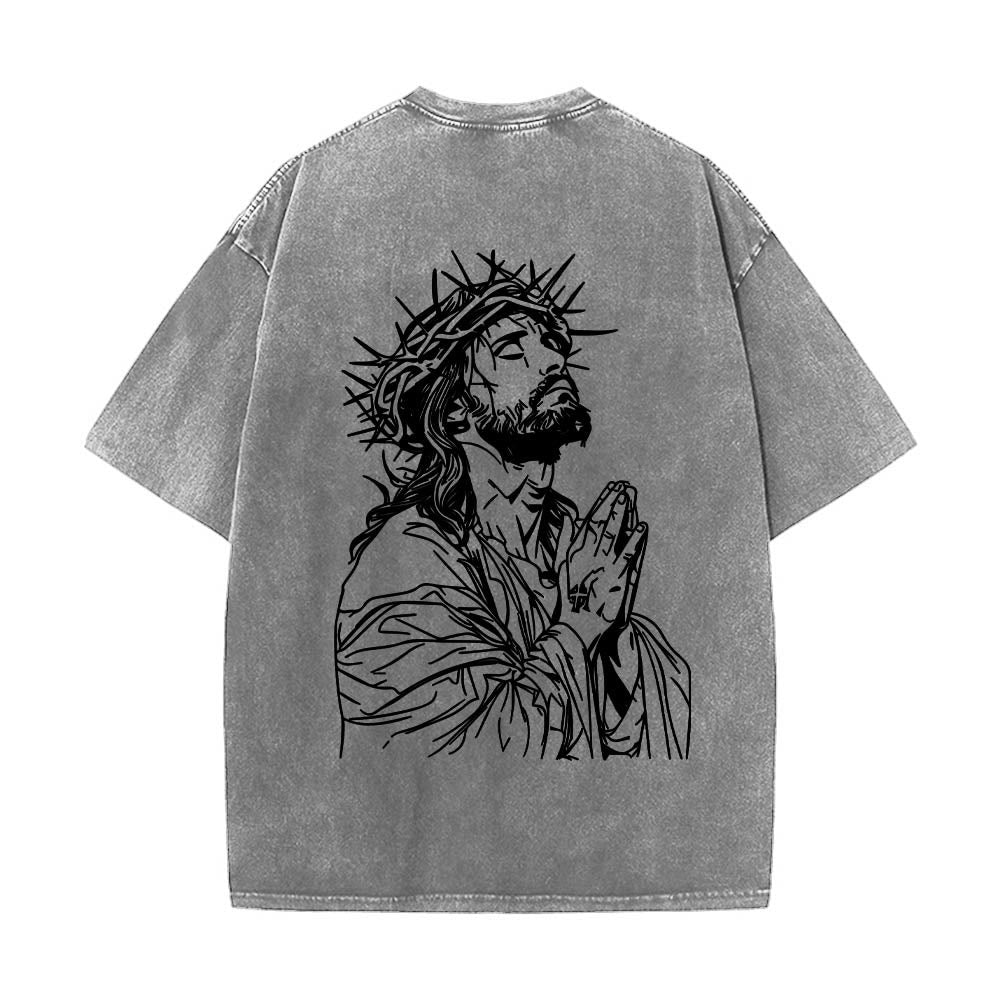 Christianartworkshop Vorderseite: Schriftzug in Schreibschrift, Rückseite: Dornenkrone, betender Jesus, vorgewaschenes T-Shirt - image 11