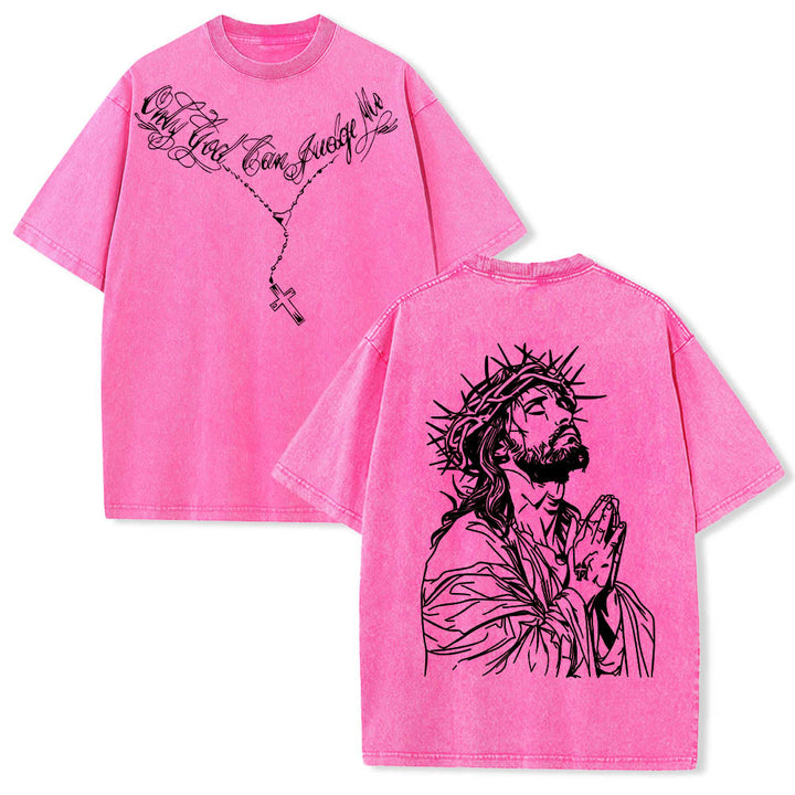Christianartworkshop Vorderseite: Schriftzug in Schreibschrift, Rückseite: Dornenkrone, betender Jesus, vorgewaschenes T-Shirt - Rosa - 5XL - image 21