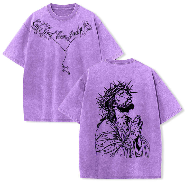 Christianartworkshop Vorderseite: Schriftzug in Schreibschrift, Rückseite: Dornenkrone, betender Jesus, vorgewaschenes T-Shirt - Lila - 5XL - image 18