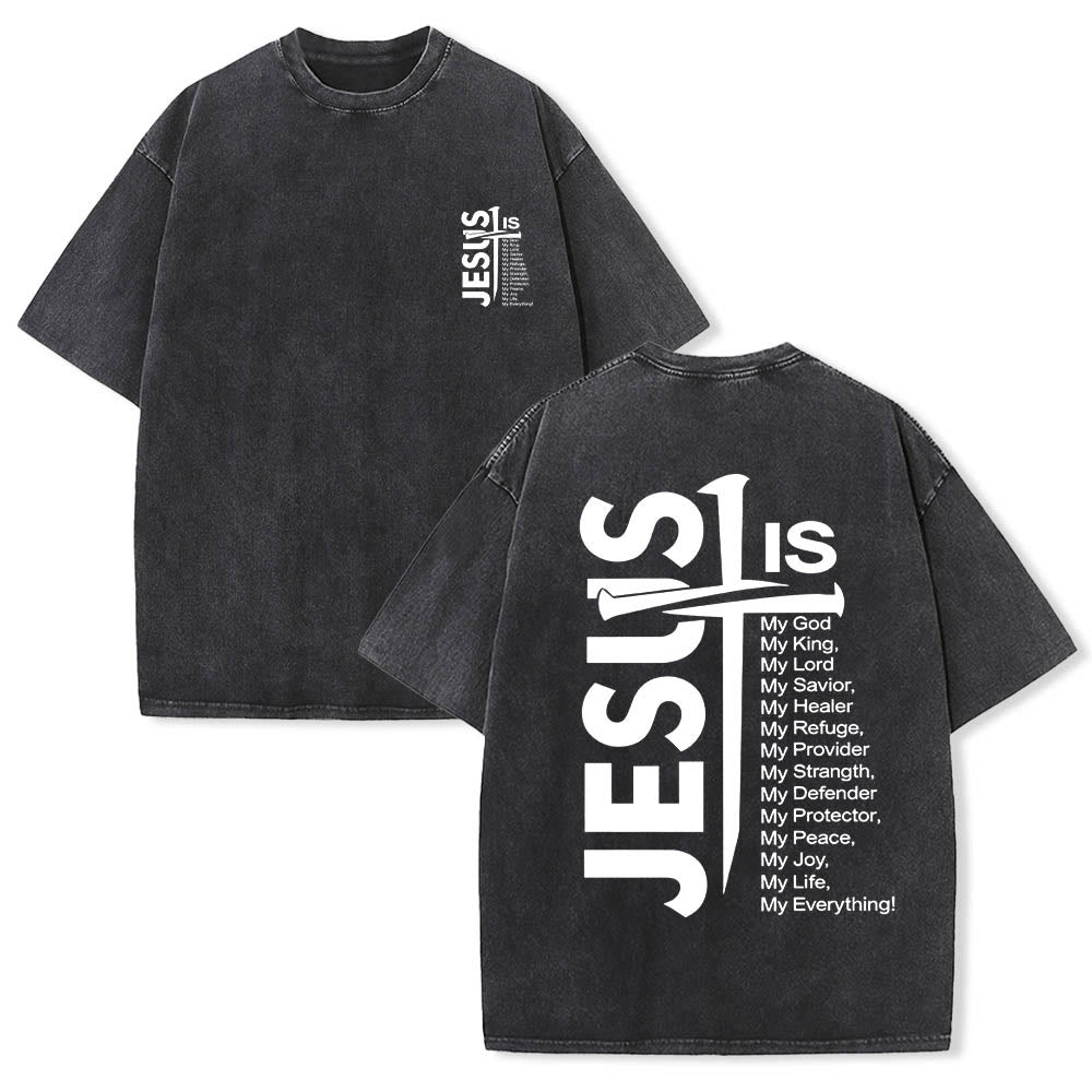 Christianartworkshop Mini-Emblem vorne, großes Jesuskreuz hinten, Attributliste, beidseitig bedrucktes, gewaschenes T-Shirt - Schwarz - 5XL - image 0