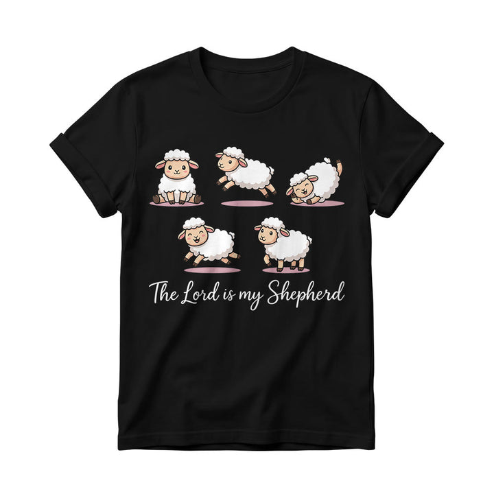 Christianartworkshop Zeitloses T-Shirt mit Psalm-23-Motiv, Cartoon-Schaf und geschwungenem Bibelvers – Damen-Rundhalsausschnitt - Schwarz - 4XL - image 2