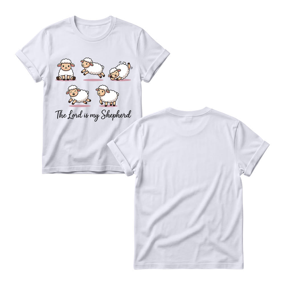 Christianartworkshop Zeitloses T-Shirt mit Psalm-23-Motiv, Cartoon-Schaf und geschwungenem Bibelvers – Damen-Rundhalsausschnitt - image 1