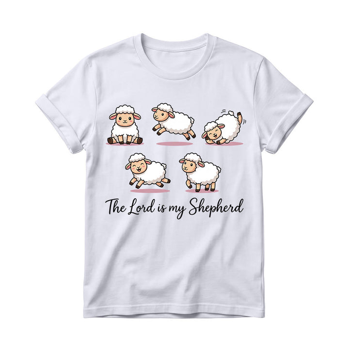 Christianartworkshop Zeitloses T-Shirt mit Psalm-23-Motiv, Cartoon-Schaf und geschwungenem Bibelvers – Damen-Rundhalsausschnitt - Weiß - 4XL - image 0