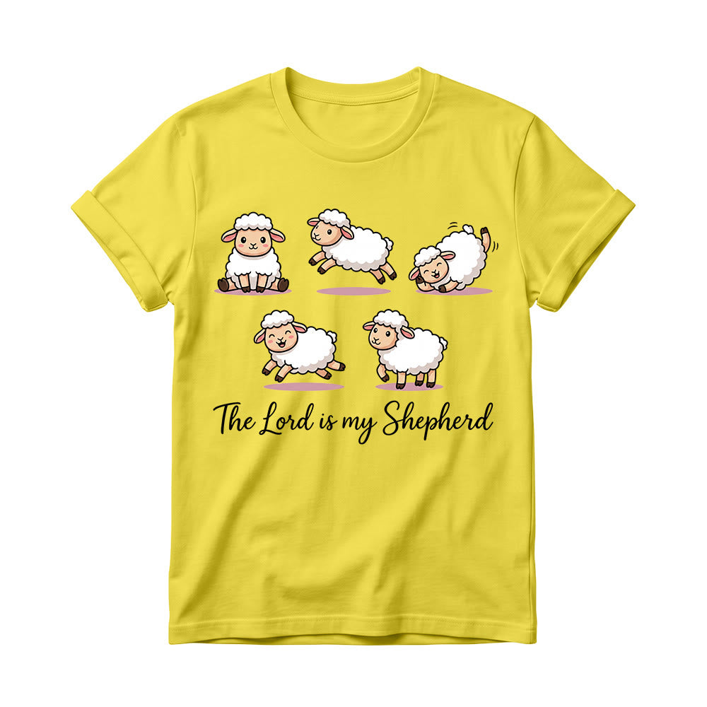 Christianartworkshop Zeitloses T-Shirt mit Psalm-23-Motiv, Cartoon-Schaf und geschwungenem Bibelvers – Damen-Rundhalsausschnitt - Gelb - 4XL - image 4