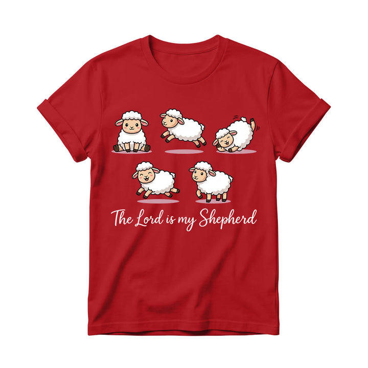 Christianartworkshop Zeitloses T-Shirt mit Psalm-23-Motiv, Cartoon-Schaf und geschwungenem Bibelvers – Damen-Rundhalsausschnitt - Rot - 4XL - image 14