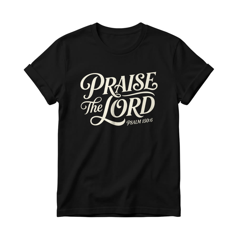 Christianartworkshop T-Shirt mit verschnörkelter Schrift „Lobet den Herrn“ (Psalm 150,6) für Damen mit Rundhalsausschnitt - Schwarz - 4XL - image 4