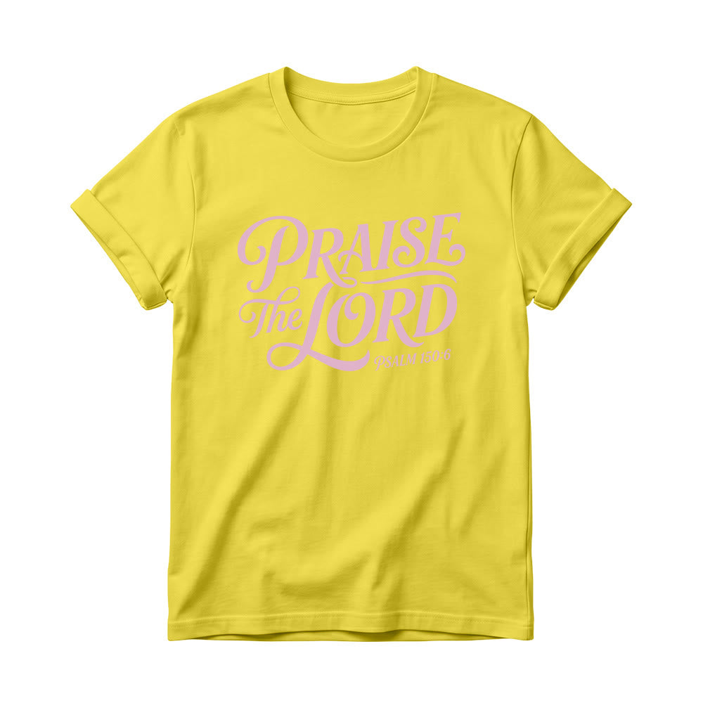 Christianartworkshop T-Shirt mit verschnörkelter Schrift „Lobet den Herrn“ (Psalm 150,6) für Damen mit Rundhalsausschnitt - Gelb - 4XL - image 6