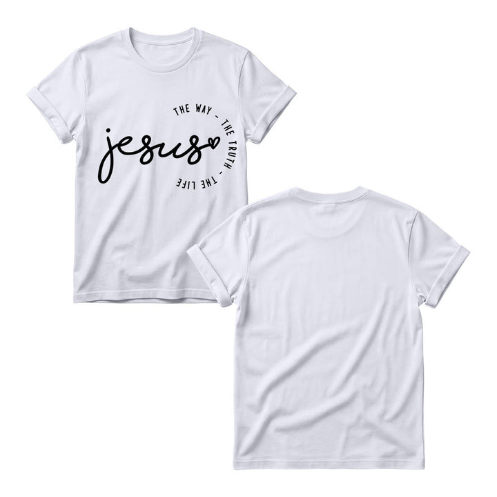 Christianartworkshop Handgeschriebenes Jesus-Herz-Akzent-Bogen-T-Shirt für Damen mit Rundhalsausschnitt – Der Weg, die Wahrheit, das Leben - image 5