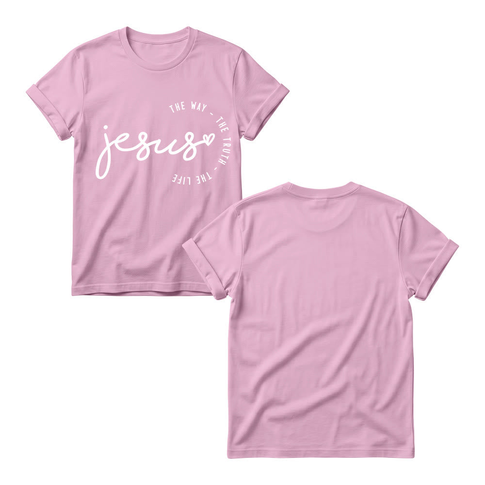 Christianartworkshop Handgeschriebenes Jesus-Herz-Akzent-Bogen-T-Shirt für Damen mit Rundhalsausschnitt – Der Weg, die Wahrheit, das Leben - image 3