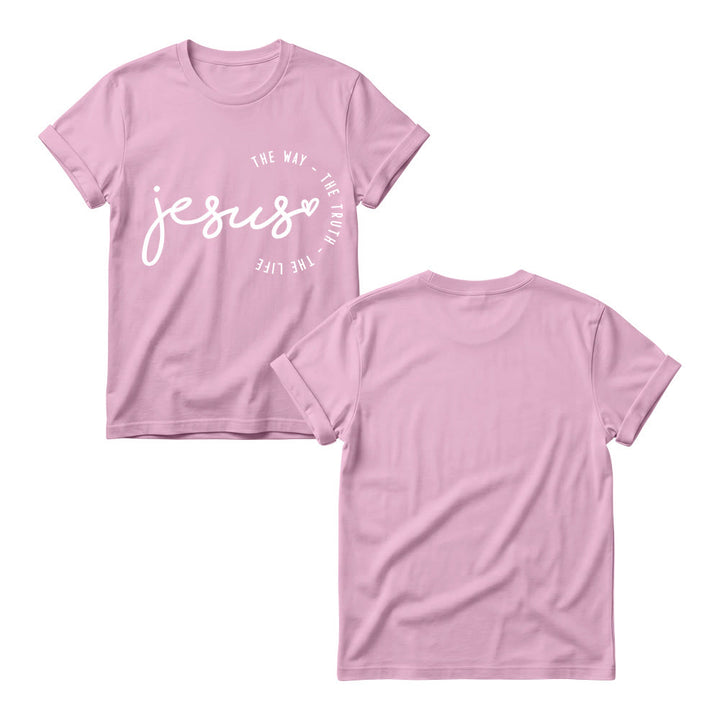 Christianartworkshop Handgeschriebenes Jesus-Herz-Akzent-Bogen-T-Shirt für Damen mit Rundhalsausschnitt – Der Weg, die Wahrheit, das Leben - image 3