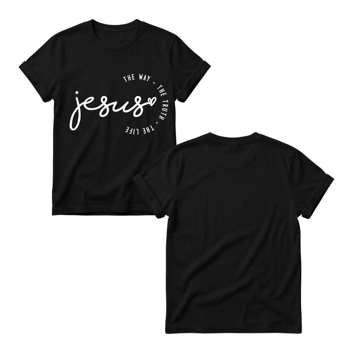 Christianartworkshop Handgeschriebenes Jesus-Herz-Akzent-Bogen-T-Shirt für Damen mit Rundhalsausschnitt – Der Weg, die Wahrheit, das Leben - image 1