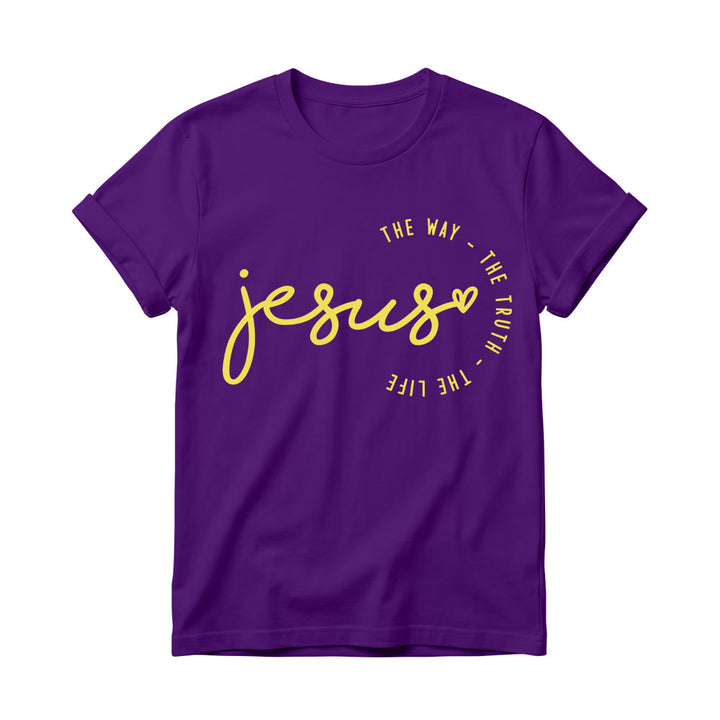 Christianartworkshop Handgeschriebenes Jesus-Herz-Akzent-Bogen-T-Shirt für Damen mit Rundhalsausschnitt – Der Weg, die Wahrheit, das Leben - Lila - 4XL - image 12