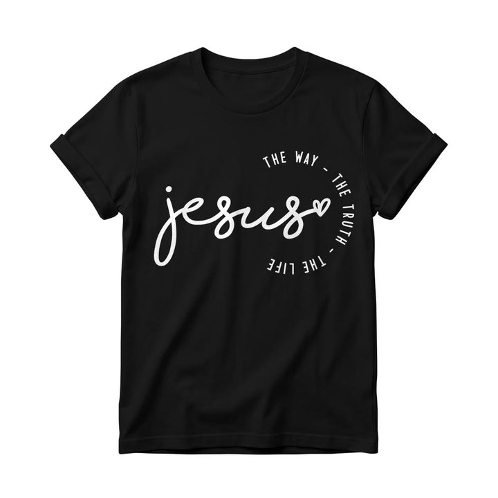 Christianartworkshop Handgeschriebenes Jesus-Herz-Akzent-Bogen-T-Shirt für Damen mit Rundhalsausschnitt – Der Weg, die Wahrheit, das Leben - Schwarz - 4XL - image 0