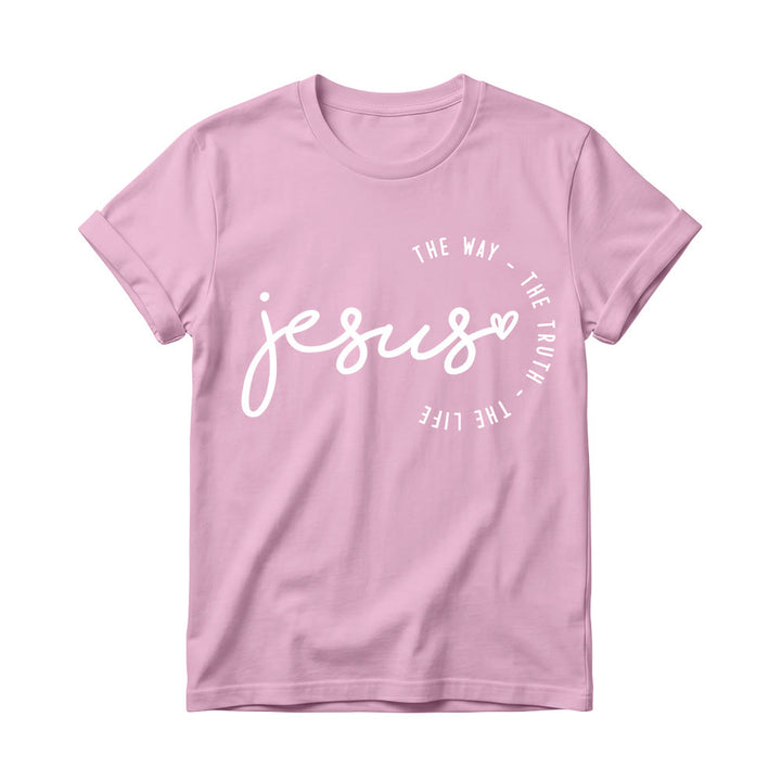 Christianartworkshop Handgeschriebenes Jesus-Herz-Akzent-Bogen-T-Shirt für Damen mit Rundhalsausschnitt – Der Weg, die Wahrheit, das Leben - Rosa - 4XL - image 2