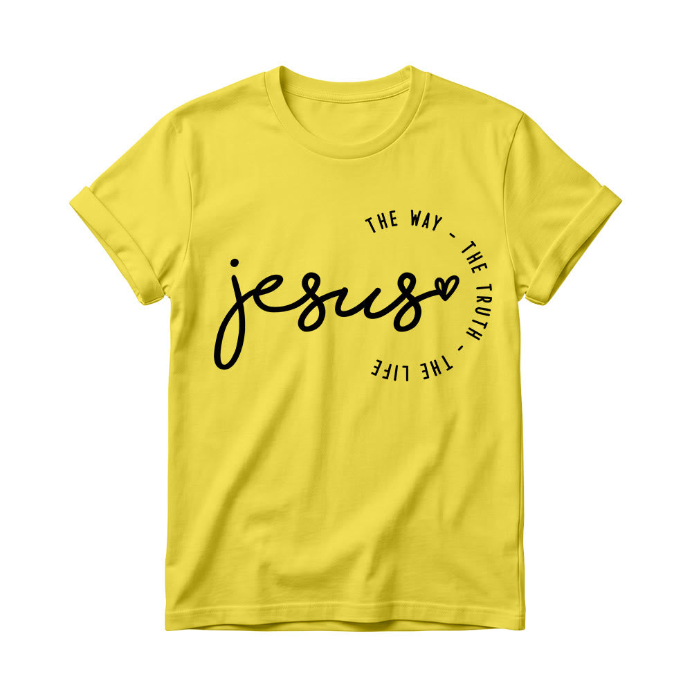 Christianartworkshop Handgeschriebenes Jesus-Herz-Akzent-Bogen-T-Shirt für Damen mit Rundhalsausschnitt – Der Weg, die Wahrheit, das Leben - Gelb - 4XL - image 6