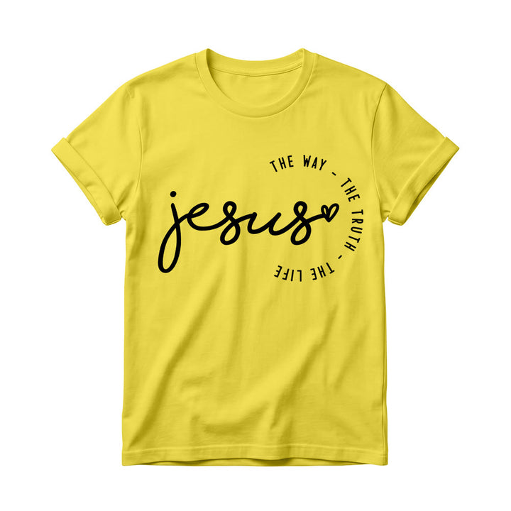 Christianartworkshop Handgeschriebenes Jesus-Herz-Akzent-Bogen-T-Shirt für Damen mit Rundhalsausschnitt – Der Weg, die Wahrheit, das Leben - Gelb - 4XL - image 6