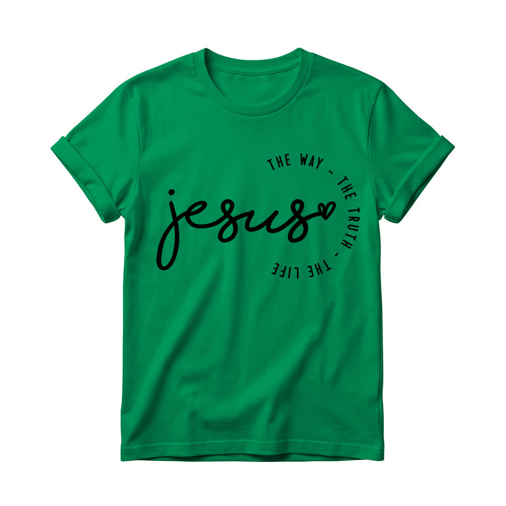 Christianartworkshop Handgeschriebenes Jesus-Herz-Akzent-Bogen-T-Shirt für Damen mit Rundhalsausschnitt – Der Weg, die Wahrheit, das Leben - Grün - 4XL - image 16